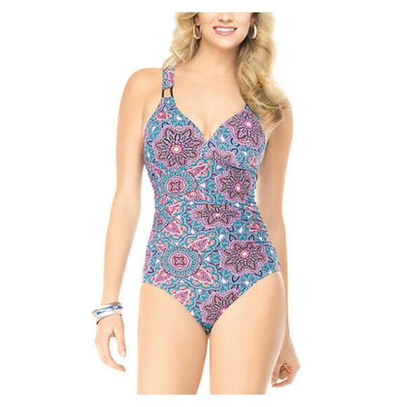 Spanx Love Your Assets In Bloom Blue&Pink Paisley One Piece Swimsuit Sz.L - Picture 1 of 12